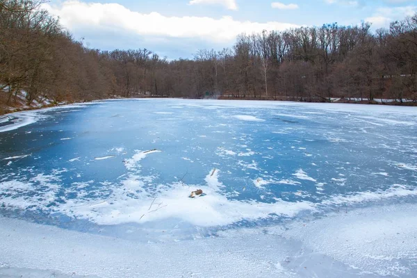 Tiro Ângulo Alto Lago Congelado Parque Maksimir Zagreb Croácia — Fotografia de Stock