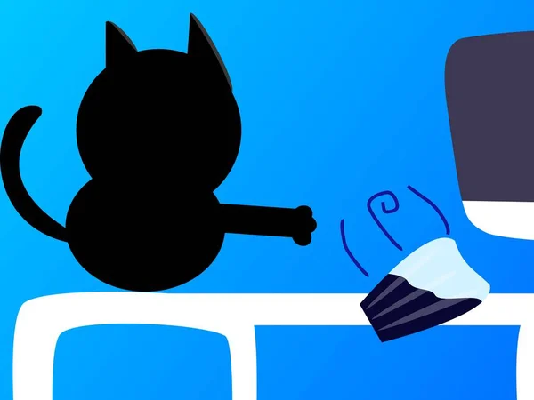 Иллюстрация Черной Кошки Стоящей Белом Столе Компьютера Сбрасывающей Предмет — стоковое фото