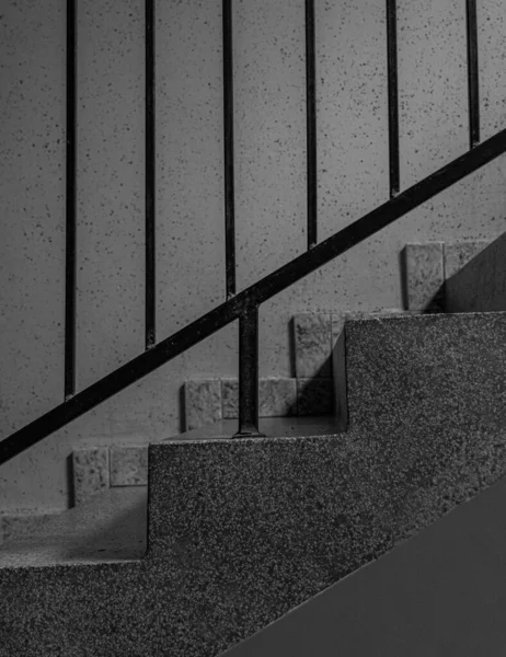 Plano vertical a escala de grises de escaleras de hormigón con barandillas metálicas — Foto de Stock