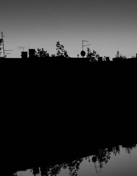 Greyscale shot of a lake with the reflection of surrounding wires and trees — Stock Photo, Image