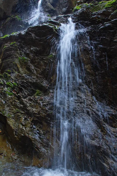 Függőleges felvétel egy kis vízesésről a Medvednica hegyen Zágrábban, Horvátországban — Stock Fotó