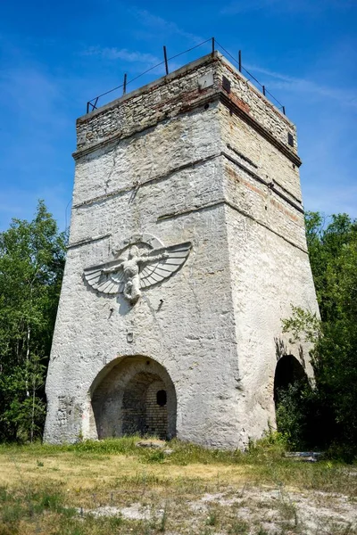 Κάθετη λήψη σε χαμηλή γωνία μνημείου με γλυπτό αετού στο χωριό Ligota Dolna στην Πολωνία — Φωτογραφία Αρχείου