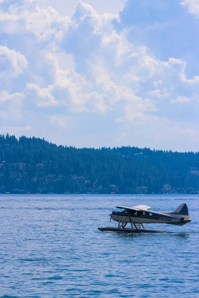 Vertical Shot Floatplane Water Forested Hills Background Cloudy Sky — Stock Photo, Image