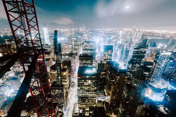Flygbild Skyskrapor Och Byggnader New York City Usa Fångas Natten — Stockfoto