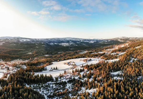 Krajobraz wsi otoczonej lasami i górami pokrytymi śniegiem pod błękitnym niebem — Zdjęcie stockowe