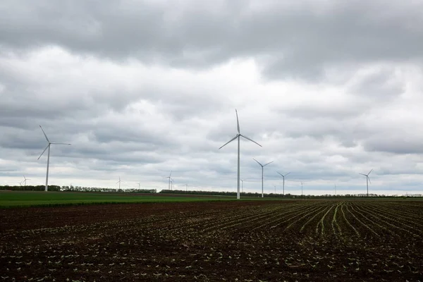 Ett Landskap Ett Landsbygdsområde Med Vita Väderkvarnar Molnig Himmel Bakgrunden — Stockfoto