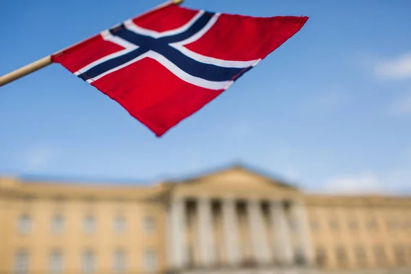 Flagge Norwegens mit dem Königspalast im Hintergrund — Stockfoto