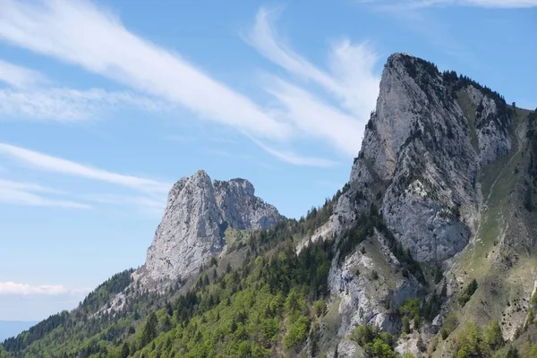 Schweizer Alpen mit Wäldern und Felsen nahe der französischen Grenze unter blauem wolkenverhangenem Himmel — Stockfoto