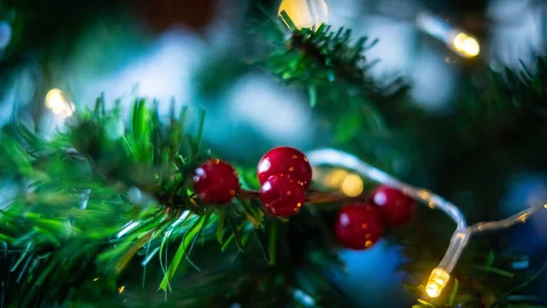 Primo Piano Albero Natale Con Decorazioni Rosse Luci Uno Sfondo — Foto Stock