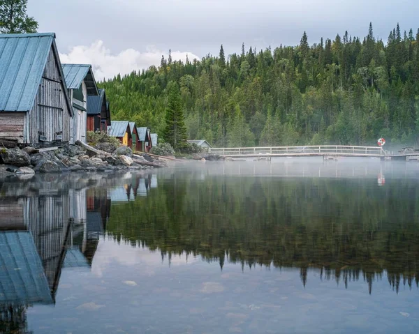Krajina lesa a domů odrážejících se na jezeře pokrytém mlhou pod zataženou oblohou — Stock fotografie