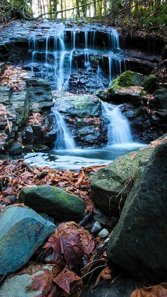 Une Cascade Dans Parc Entouré Feuilles Pierres Arbres Sous Lumière — Photo