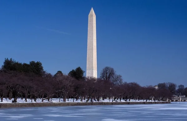 Obelisk staat trots onder de hemel in het park bedekt met sneeuw in de winter — Stockfoto