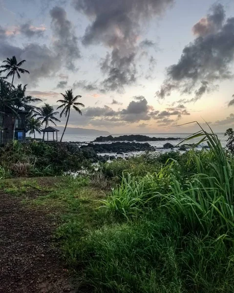 Tiro vertical de uma praia tropical abaixo do céu nublado sombrio — Fotografia de Stock