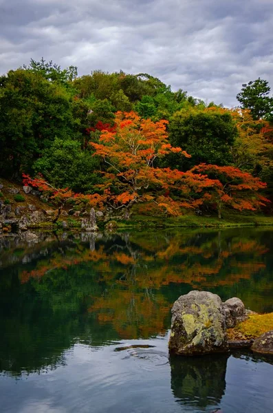 Scatto verticale di un bellissimo bosco autunnale che si riflette nel verde del lago — Foto Stock