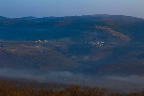 A high angle shot of a little village in the mountains in Istria, Croatia