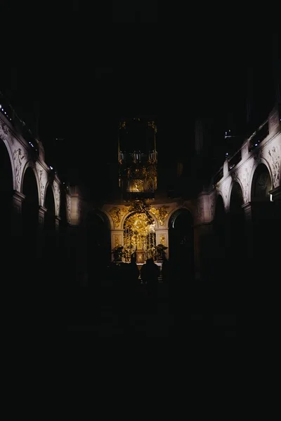 Koridorun dikey görüntüsü, kemer şekilli duvarı ve altın heykelleri olan eski karanlık bir binada. — Stok fotoğraf