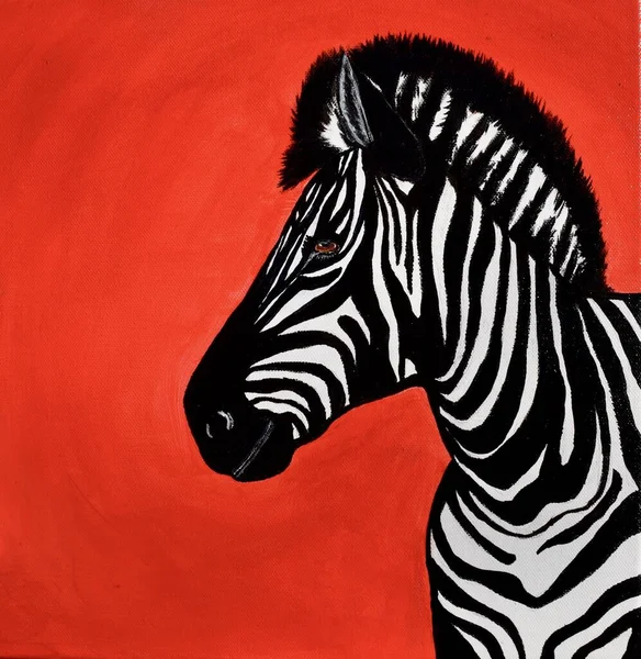 Vertical Acrylic Painting Zebra Looking Its Side Red Background — Stock Photo, Image