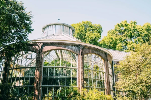 Captura de ángulo bajo de un edificio de cúpula con paredes de ventanas rodeadas de árboles verdes — Foto de Stock