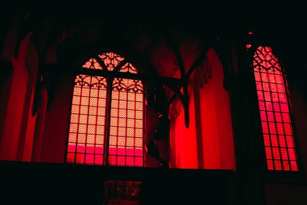 Сучасна будівля з великими вікнами та прикрасами з червоним неоновим світлом — стокове фото