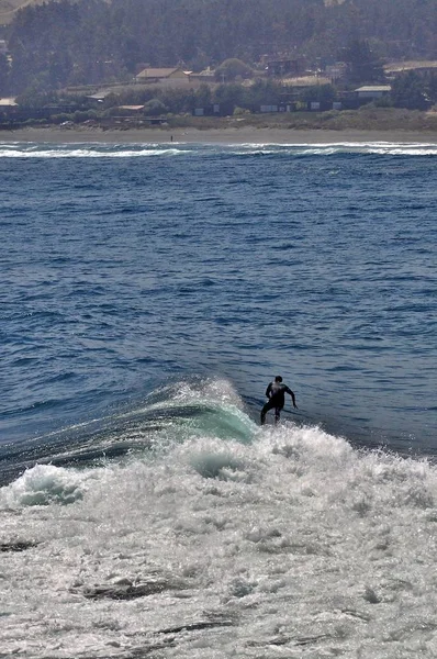 Tiro vertical de un surfista disfrutando del día perfecto para practicar su deporte en el océano — Foto de Stock