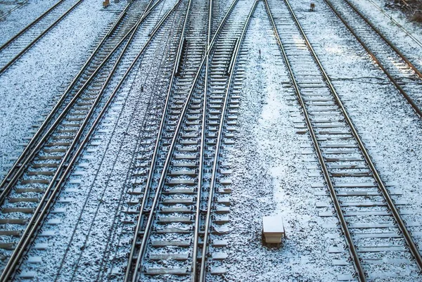 High angle shot of train tracks covered with snow - great for a background — Stock Photo, Image