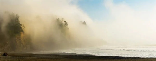 Landschaft eines Strandes, umgeben vom Meer und Grün im Nebel unter Sonnenlicht — Stockfoto