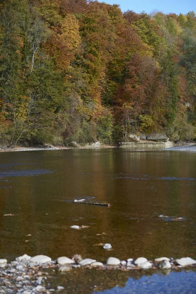 Imagen vertical de un lago sucio rodeado de piedras y bosques durante el otoño —  Fotos de Stock