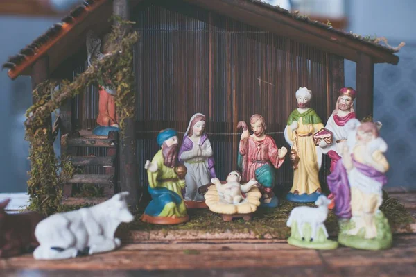 Een Close Shot Van Kleine Kerstfiguren Die Geboorte Van Christus — Stockfoto