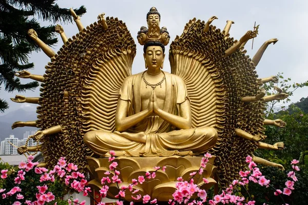 Estatua de Buda de Oro en el monasterio de diez mil budas en Hong Kong, China — Foto de Stock