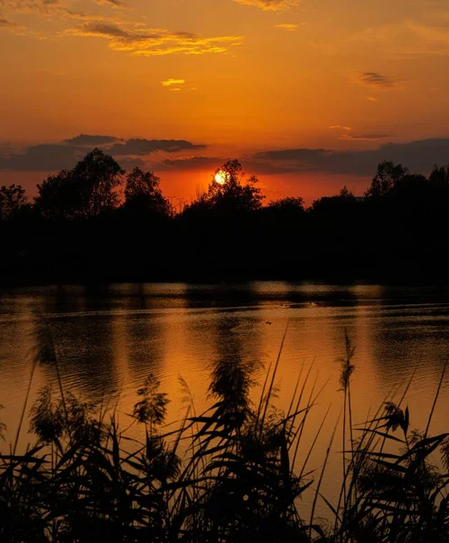 Hermoso paisaje de la puesta de sol que se refleja en el lago — Foto de Stock