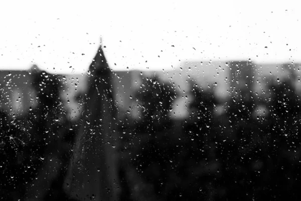 Scatto in scala di grigi di un bicchiere ricoperto di gocce di pioggia con sfondo sfocato — Foto Stock