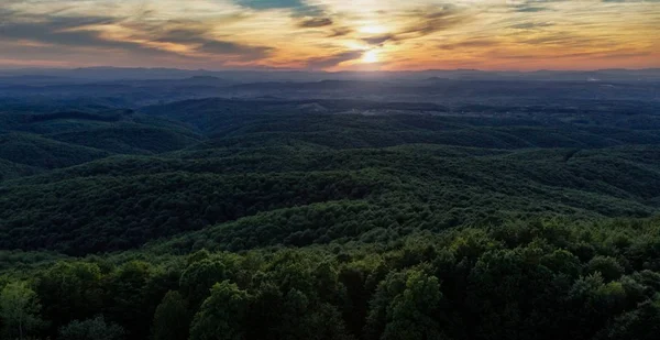 Panoramatický Záběr Západu Slunce Nad Lesem Kordunu Chorvatsku — Stock fotografie