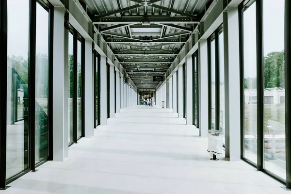 Белый коридор со стеклянными дверями и металлическим потолком в современном здании — стоковое фото
