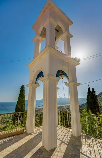 Vertical low angle shot of the Panagia Spiliani Church bell tower captured in Samos, Greece — Stock Photo, Image