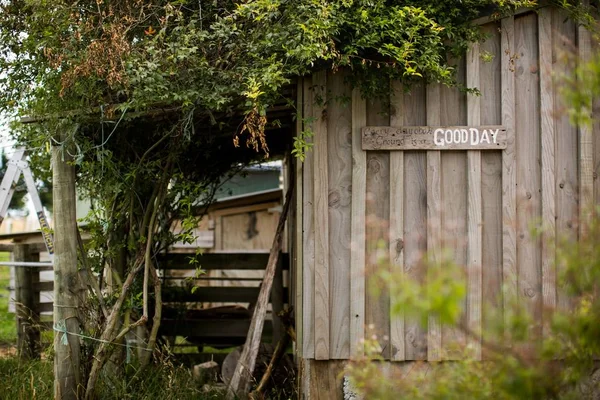 Buon Giorno segno su un cancello di legno vicino a piante verdi in un villaggio — Foto Stock