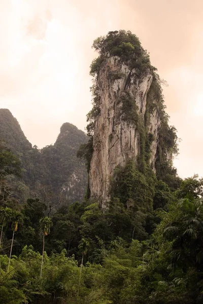 Tiro vertical de una formación rocosa en el bosque en el Parque Nacional Kao Sok, Tailandia —  Fotos de Stock