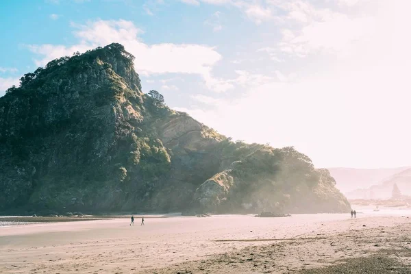 Piha Sahili 'nin manzarası. Parlak güneş ışığı altında yüksek bir kayanın etrafında yürüyen insanlar. — Stok fotoğraf