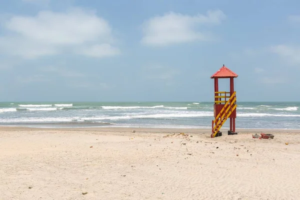 Red Watchtower Yellow Ladder Beach Sea Background Gambia — ストック写真