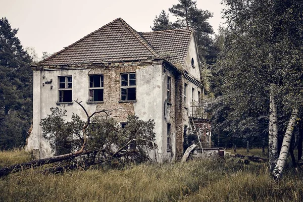 Starý Opuštěný Dům Travnatém Poli Obklopený Stromy — Stock fotografie