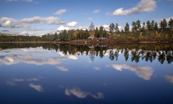 나무들 구름들 근처의 호수에 반사되어 — 스톡 사진