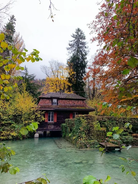 Der Blausee Umgeben Von Grün Und Gebäuden Herbst Der Schweiz — Stockfoto