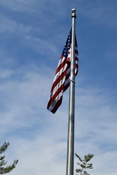 Mavi Bulutlu Gökyüzü Güneş Işığı Altındaki Ağaçların Yakınındaki Amerikan Bayrağının — Stok fotoğraf