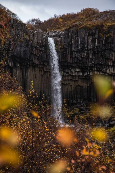 Uma Cachoeira Cercada Por Rochas Flores Grama Sob Céu Nublado — Fotografia de Stock
