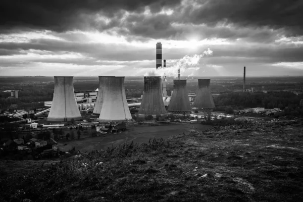 Grey Scale Shot Steam Rising Factories Laziska Gorne Katowice Poland — Stock Photo, Image