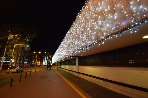 Les Rues Cannes Entourées Arbres Lumières Pendant Nuit France — Photo
