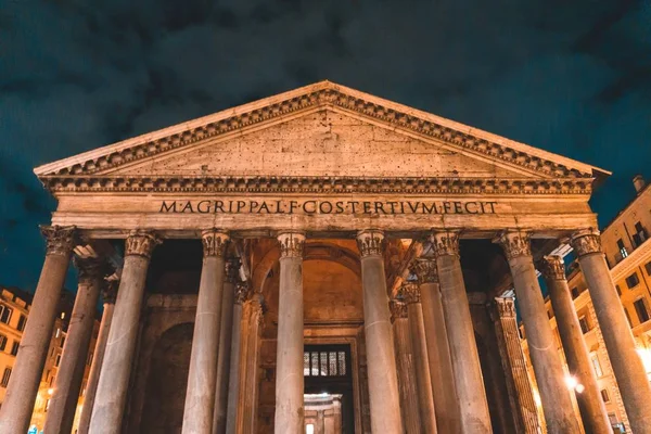 Low Angle View Pantheon Surrounded Lights Buildings Cloudy Sky Night — 스톡 사진