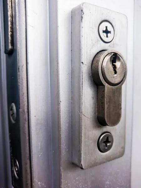 Closeup Metallic Door Lock Lights Blurry Background — 스톡 사진