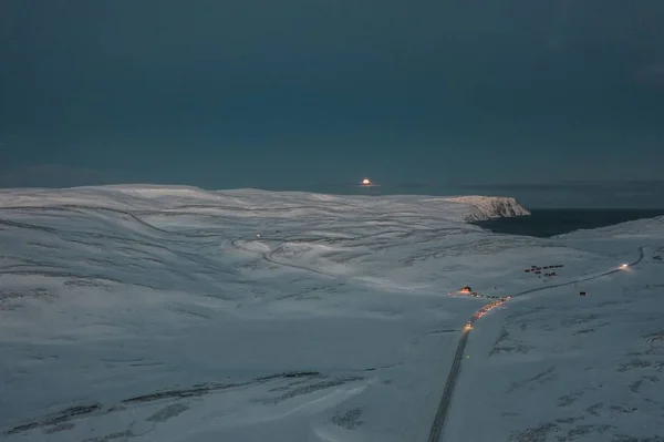 Nordkapp Norveç Doğru Donmuş Bir Konvoyun Yüksek Açılı Görüntüsü — Stok fotoğraf