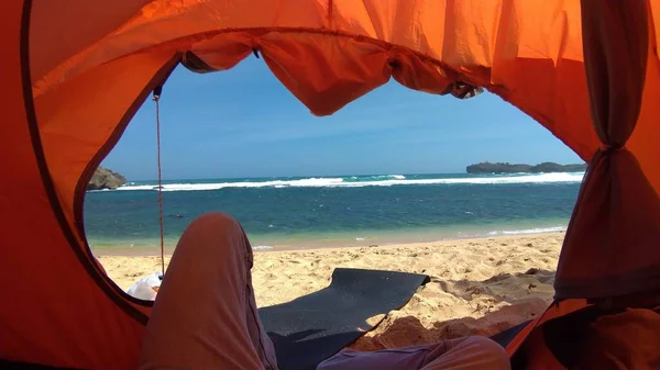 Shot Taken Orange Tent Sandran Beach Yogyakarta Indonesia — 스톡 사진