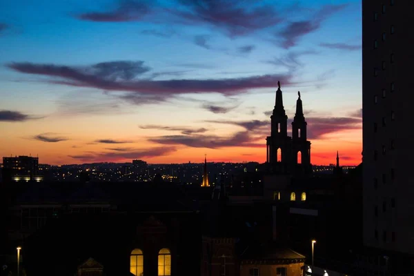 Leeds Velká Británie Března 2017 Západ Slunce Nad Budovou Centra — Stock fotografie